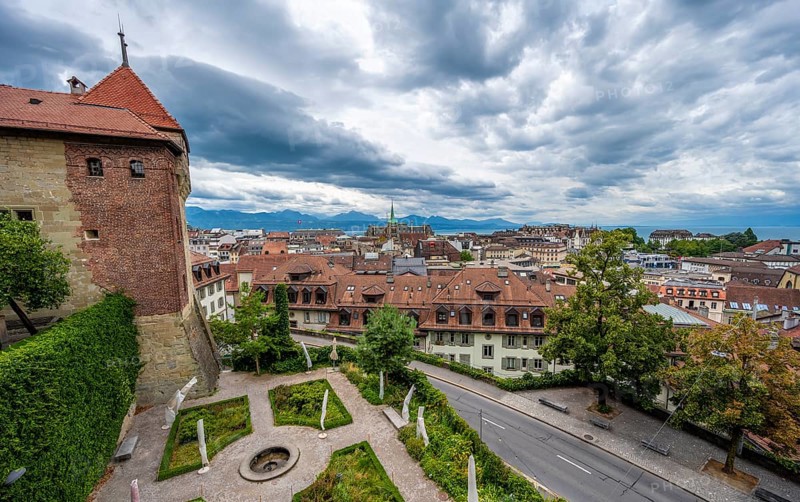 Ancien évêché de Lausanne, historic residence of the Bishop of Lausanne, today city museum, view over Lausanne, historic old town, Lausanne, Vaud, Switzerland, Europe