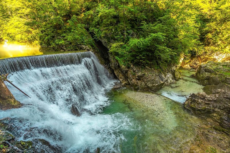 Stunning waterfall cascading into the crystal clear turquoise waters of vintgar gorge, a natural wonder near bled, slovenia, surrounded by lush green forest