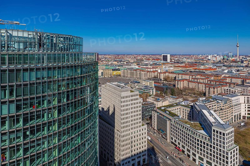 Berlin from above, the view from Panoramapunkt Berlin on Potsdamer Platz towards the railway tower, Berlin, Germany, Europe