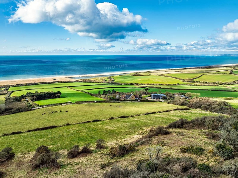 Farms over Swyre and West Bexington from a drone, West Bexington Nature Reserve, S W Coast Path, Dorchester, Dorset, England, United Kingdom, Europe