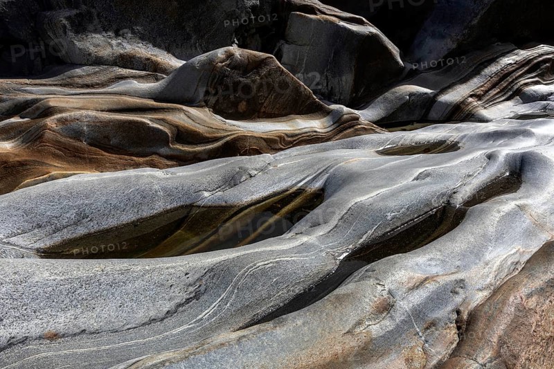 Rocks, rock structures, Verzasca River, near Lavertezzo, Verzasca Valley, Valle Verzasca, Canton Ticino, Switzerland, Europe
