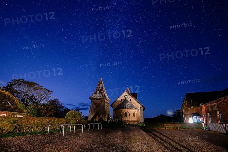 St Salvator's Old Church at night, starry sky, Klostermitteldeich, Pellworm Island, Schleswig-Holstein Wadden Sea National Park, North Frisia, Germany, Europe
