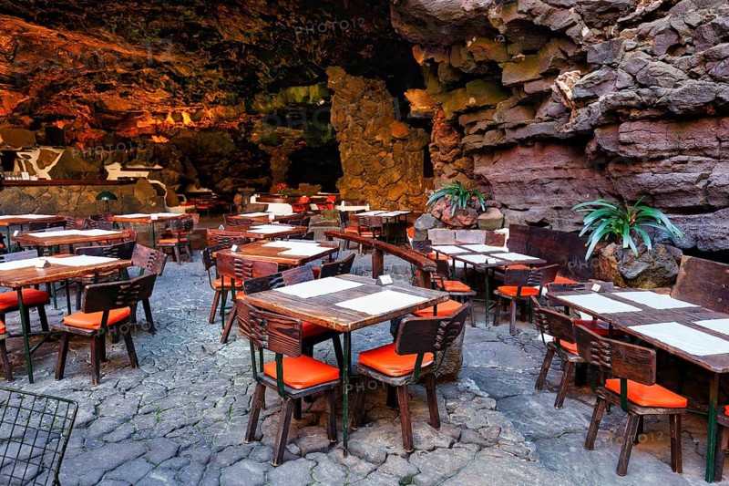 Tables in the restaurant, art and cultural centre, Jameos del Agua venue, lava tube, Lanzarote, Spain, Europe