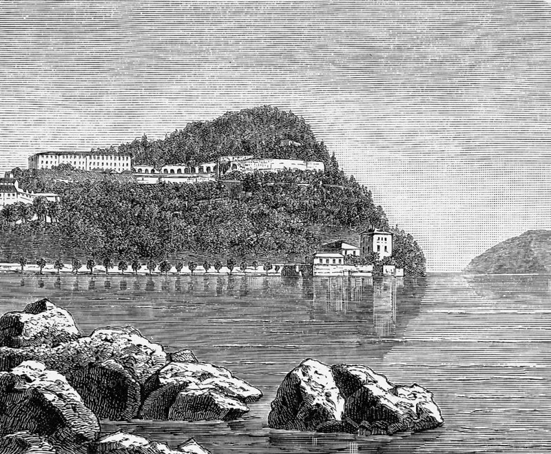 Lago di Como, the picturesque Lake Como in the Southern Alps, mountain and lake landscape, Lombardy, Italy, historical illustration 1882, Europe