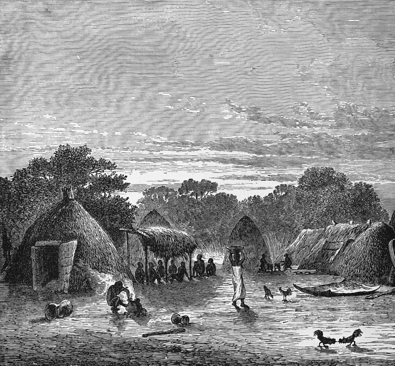 Village view with huts in the tropics, locals sitting in the shade, woman carrying a bowl on her head, free-range chickens, travelling, Togo, historical illustration 1886, Africa