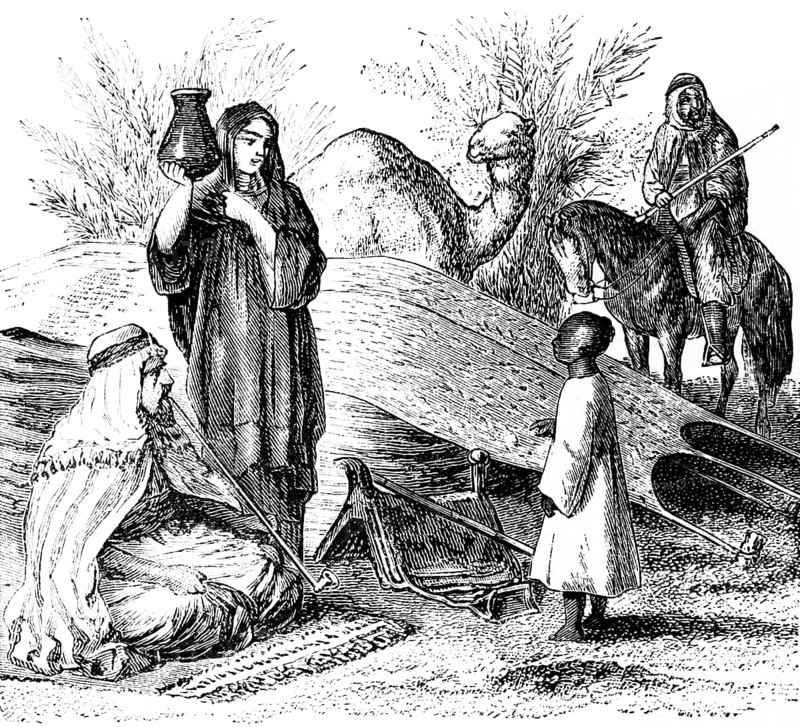 Nomadic Arabs, family with father, mother, child, traveller, camels, carpet, jug, tent, Arab clothing, travelling in Asia, Arabia, historical illustration 1887
