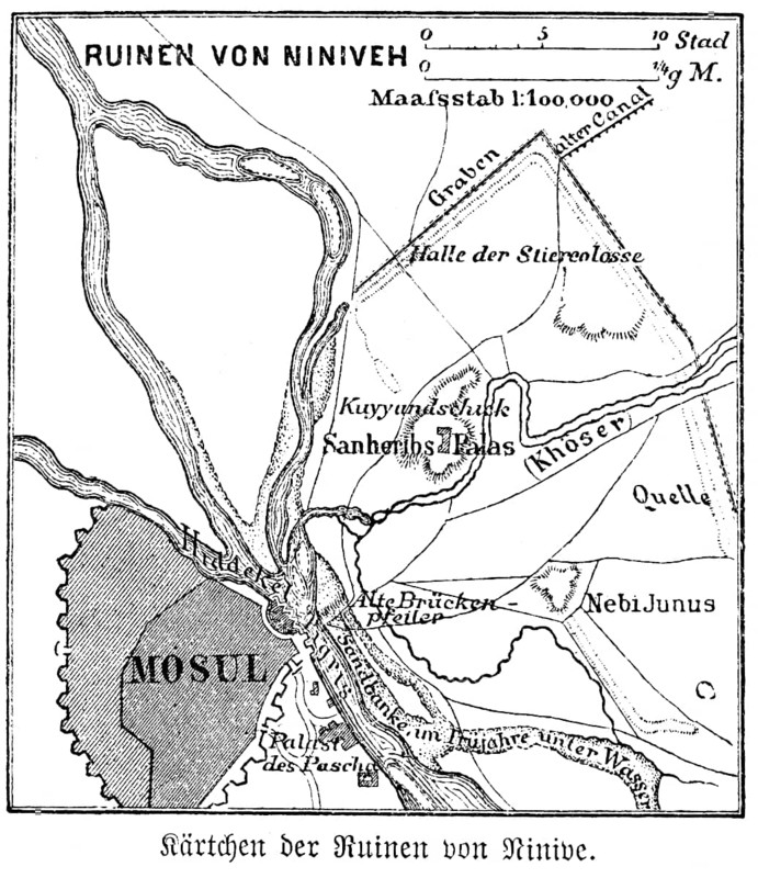 Map of the ruins of Nineveh or Niniveh on the Tigris, city wall, canal, moat, Mesopotamia, Assyria, today Mosul, Iraq, scale, 100, 000, historical illustration 1880, Asia