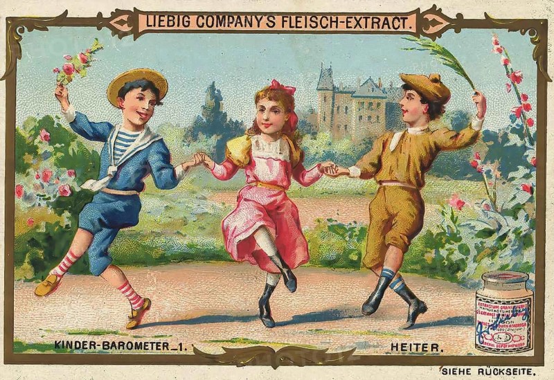 Picture series Children's barometer, 1, cheerful, happy children, Liebig picture, digitally restored reproduction of a collector's picture from around 1900, public domain, exact date unknown, happy children in colourful costumes dancing in the garden of a castle