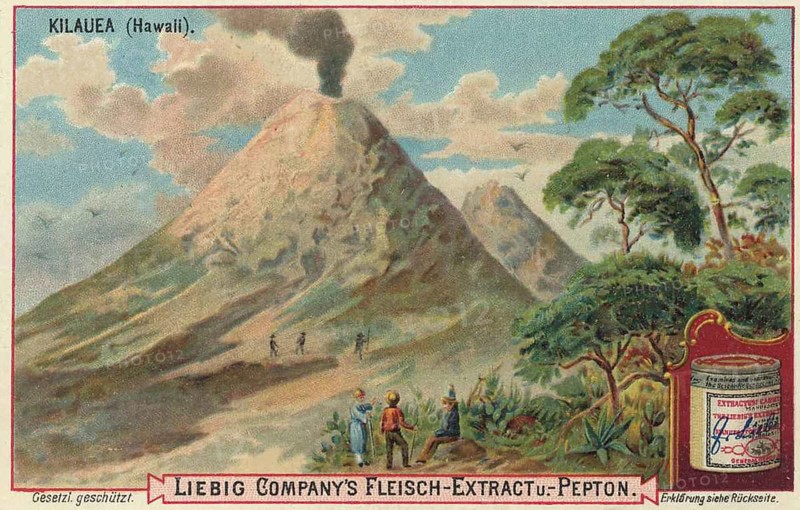 Picture series volcanic landscapes, the Kilauea on Hawaii, Liebig picture, digitally restored reproduction of a collector's picture from ca 1900, public domain, exact date unknown, view of smoking volcano Kilauea in tropical surroundings