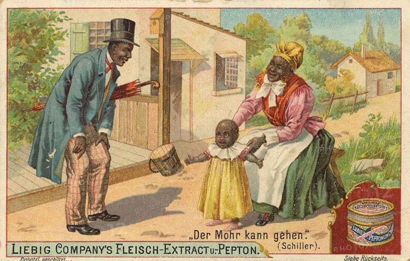 Picture series Sayings of famous poets, Schiller, the Moor can walk, Liebig picture, digitally restored reproduction of a collector's picture from around 1900, public domain, exact date unknown, A couple with a child in front of a house in traditional dress