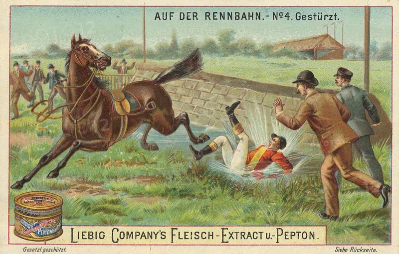 Series of pictures At the racecourse, The rider is thrown off and lands in the ditch, Liebig picture, digitally restored reproduction of a collector's picture from around 1900, public domain, exact date unknown, A jockey falls into a ditch during a race while spectators look on