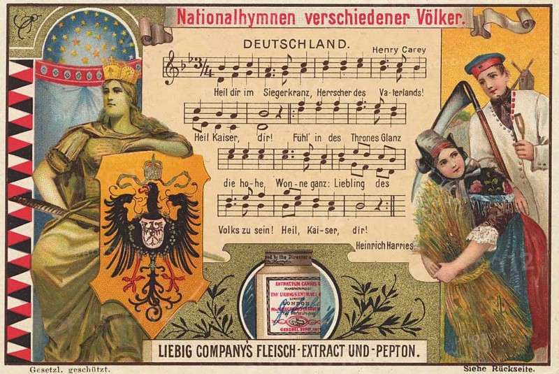 Picture series National anthems of various nations, Germany, Liebig picture, digitally restored reproduction of a collector's picture from around 1900, public domain, exact date unknown, depiction of the German national anthem with patriotic symbols and an emperor in historical garb, Europe