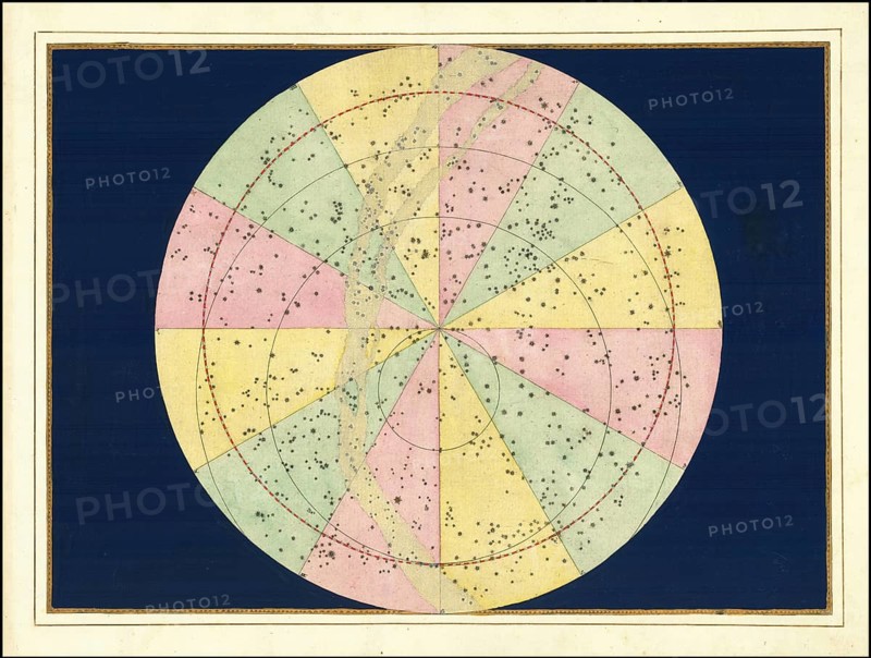 Astronomy. The celestial atlas, the Uranometria, Ptolemaic constellations, by Johann Bayer (1572 - 7 March 1625), German astronomer, Synopsis Coeli Inferioris Austrina, hemisphere, digitally enhanced reproduction of a historical model