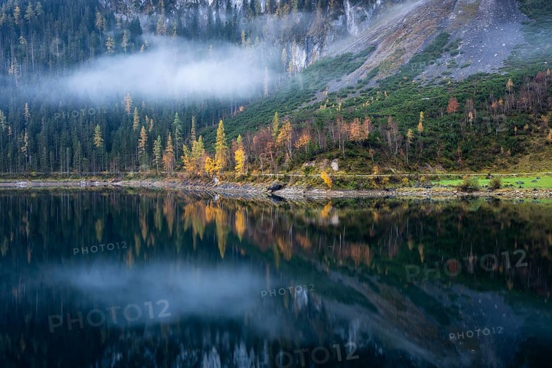 The Vordere Gosausee in autumn. Part of the path around the lake, with a cloud. Trees in autumn leaves. Reflection. Vorderer Gosausee, Gosau, Gosau Valley, Salzkammergut, Upper Austria, Austria, Europe