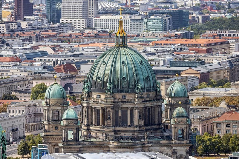 Berlin Cathedral, prefabricated buildings in East Berlin. View from the panorama point Kollhoff-Tower at Potsdamer Platz, city view. Berlin, Germany, Europe