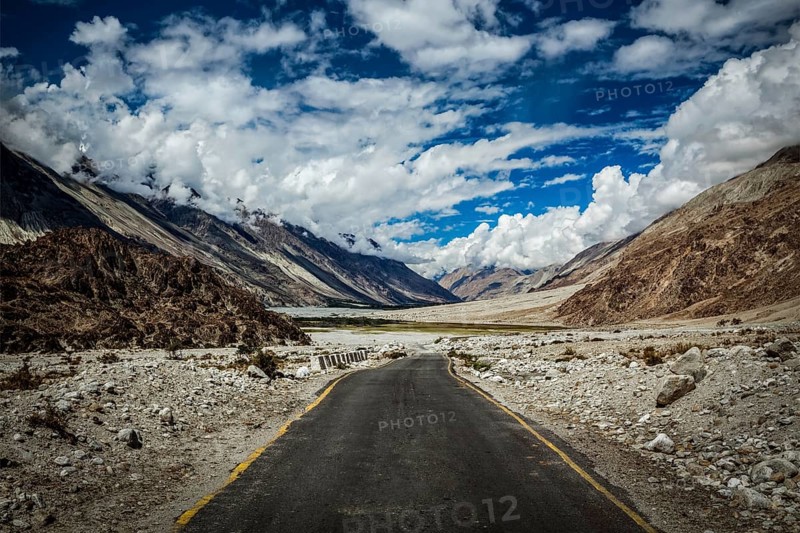 Road in Himalayan landscape in Nubra valley in Himalayas. Ladakh, India, Asia