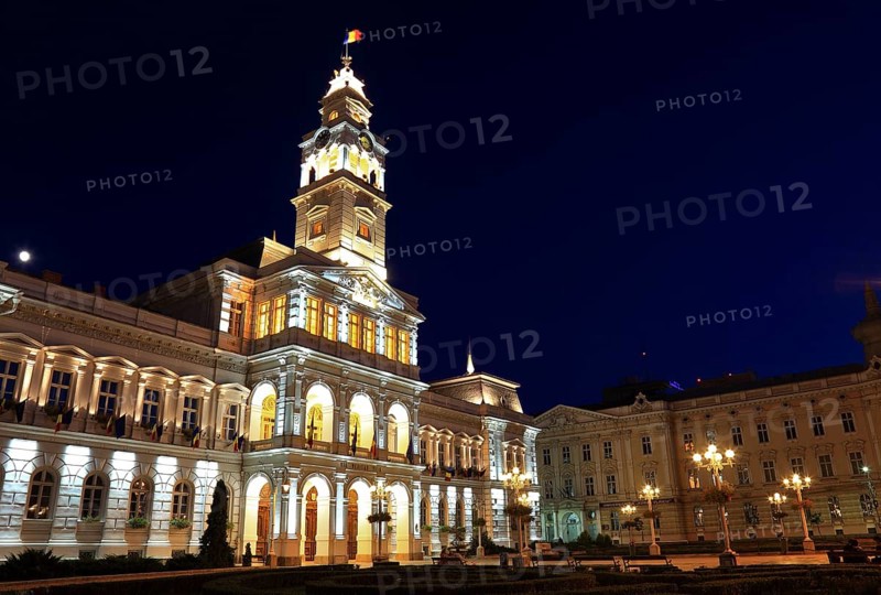 Banat, city of Arad, city centre, city hall at night, illuminated, Romania, Europe