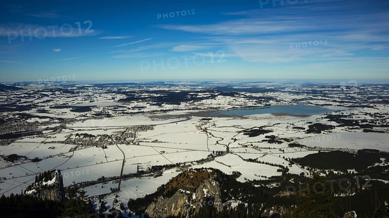 Panorama of the Tegelberg massif, lake landscape near Füssen, Ostallgäu, Allgäu, Swabia, Bavaria, Germany, Europe