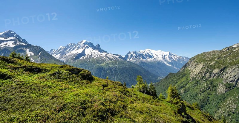 Mountain panorama with glaciated mountain peaks, Aiguille Verte with Aiguille du Midi and Mont Blanc, hike to Aiguillette des Posettes, Chamonix, Haute-Savoie, France, Europe