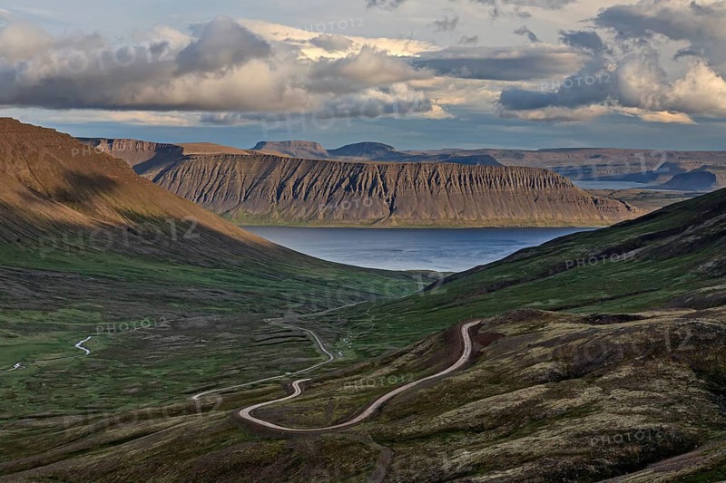 Winding gravel road, mountain road, fjord and mountains behind, cloudy mood, summer, Westfjords, Iceland, Europe
