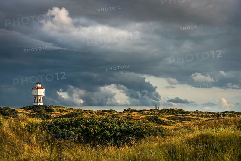 Water tower, clouds, weather, gloomy, cloudy, cloudy sky, storm, stormy, dune landscape, North Sea island, Langeoog, Germany, Europe