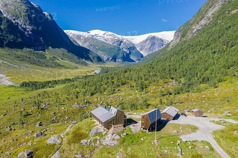 Aerial view of tourist cabin Tungestølen at the glacier Jostedalsbreen, valley Langedalen in the back, Sognefjord region, Norway, Europe