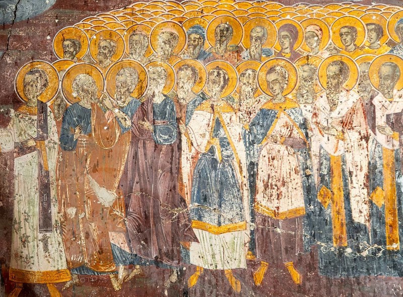 Religious mural inside Greek Orthodox church of Saint Mary, or Panagia Monastery, Dhermi, Albania, Europe