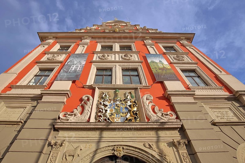 City coat of arms with decorations and year 1574 and view upwards, Renaissance, red, historic, historical, princely, Thuringian, lattice helmets, alliance coat of arms, banner, 450, years, anniversary, old town hall, main market, Gotha, Thuringia, Germany, Europe