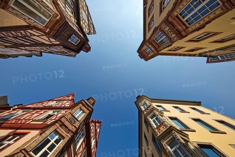 Four towers, ensemble of four historic buildings, view from bottom to top, Old Town, Koblenz, Rhineland-Palatinate, Germany, Europe