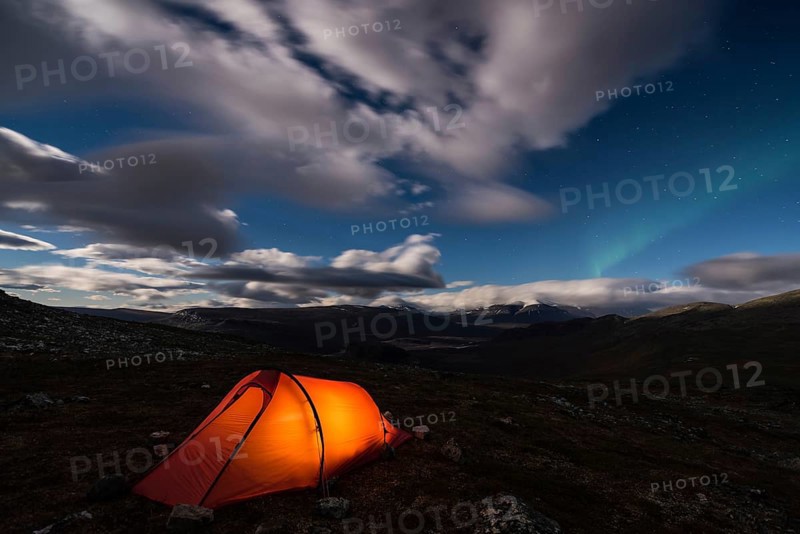 Tent in mountain landscape, Sarek National Park, World Heritage Laponia, Norrbotten, Lapland, Sweden, night shot, lighting, Scandinavia, Europe