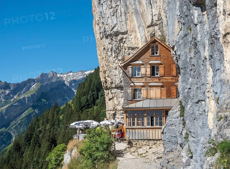 Ebenalp, Guest house Aescher, Wildkirchli under the Ascher cliff, Ebenalp, Appenzell, Switzerland, Europe
