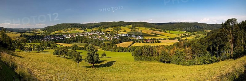 Panoramic view of the village of Holsthum, Southern Eifel nature park Park, Eifel, Rhineland-Palatinate, Germany, Europe