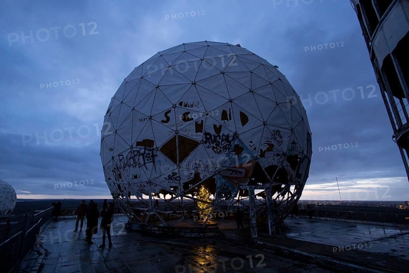 A Christmas tree stands inside a radar dome at the former listening station on the Teufelsberg, Berlin, 22 December 2024