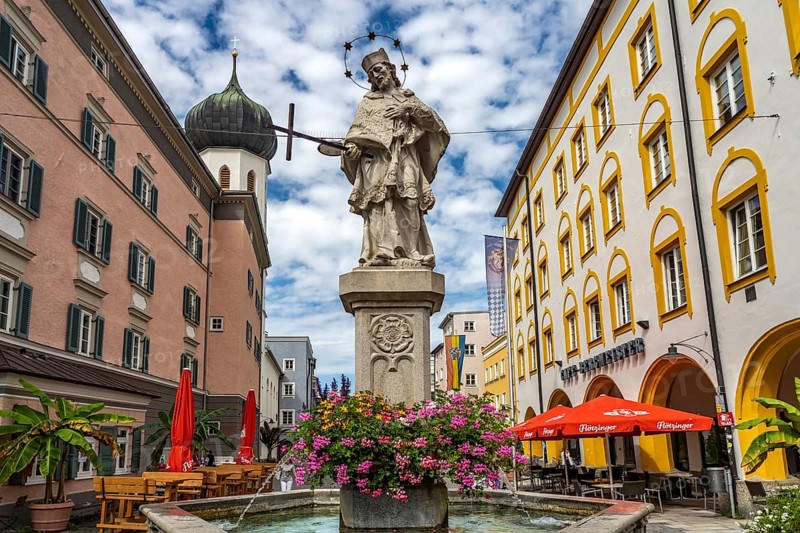 The Nepomuk Fountain in Rosenheim, Bavaria, Germany, Europe