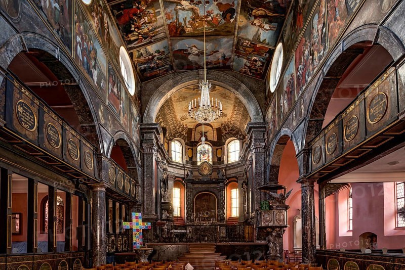 Union Church, interior with choir, pulpit, painting on canvas, riding choir, historic old town, Idstein, Rheingau Taunus district, German Half-Timbered Road, Hesse, Germany, Europe