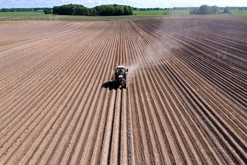 Tractor dragging a plume of dust behind it while working a potato field, Münchenberge, 20/05/2020
