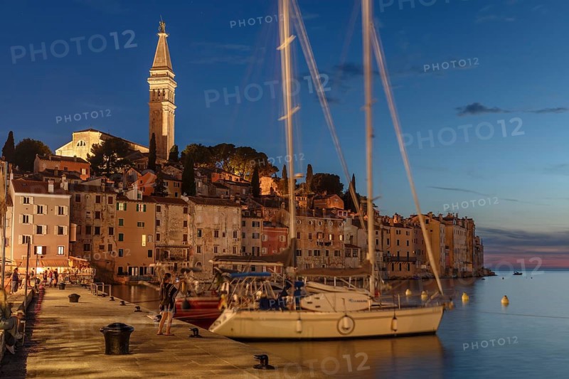 Harbour in the old town with Sveta Eufejima church, Rovinj, Istria, Croatia, Europe