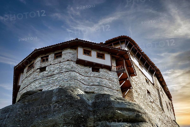 Orthodox Monastery of St Nikolaos Anapavsas, Meteora, evening sky, Thessaly, Greece, Europe