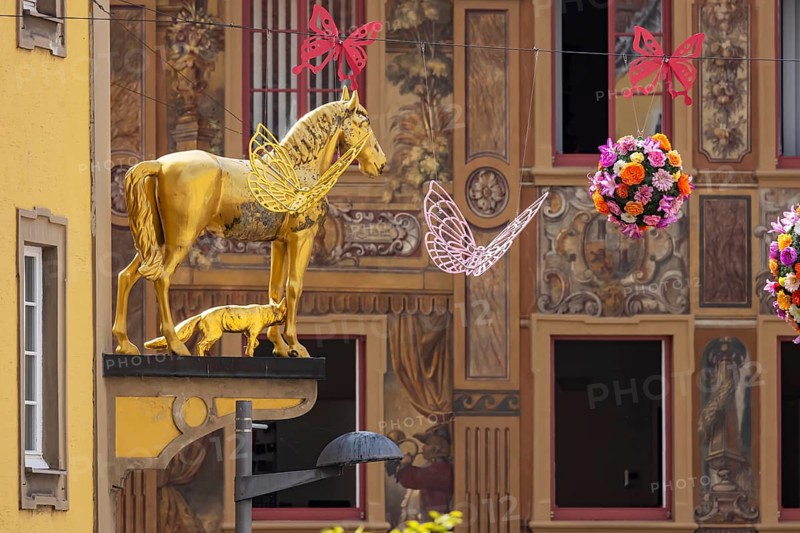 Town view of Ellwangen, Zimmerle house with magnificent façade painting. Today Adler pharmacy, formerly a post inn. Sculpture of a golden horse. Ellwangen, Baden-Württemberg, Germany, Europe