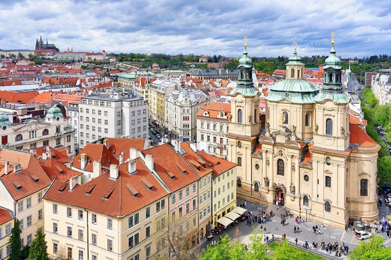 Aerial view of St. Nicholas Church, Castle and the Prague Cathedral, Prague, Bohemia, Czech Republic, Europe