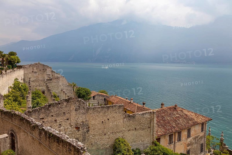View over the Limonaia del Castèl to Lake Garda, Limone sul Garda, Lombardy, Italy, Europe