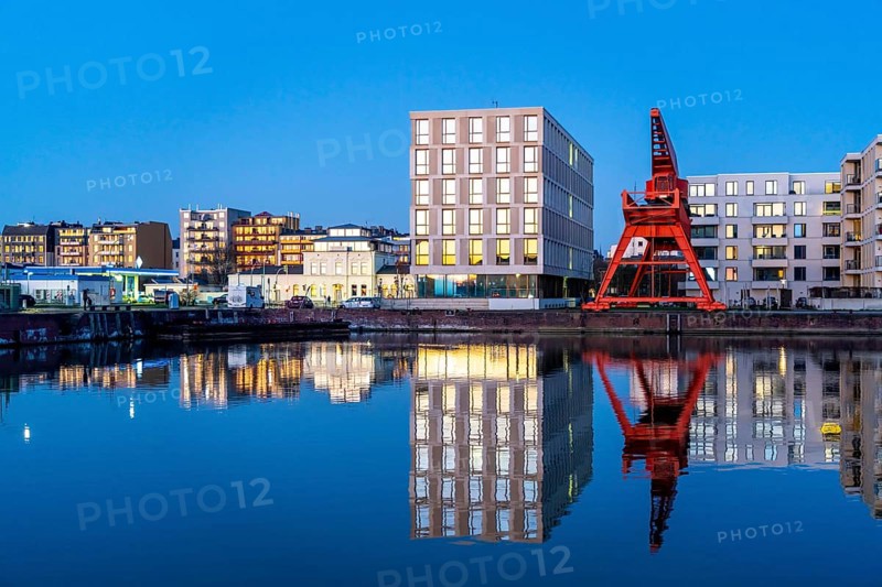 New harbour, harbour basin, harbour district, residential buildings, office buildings, marina and museum ship, part of the Harbour Worlds, in Bremerhaven, Bremen, Germany, Europe