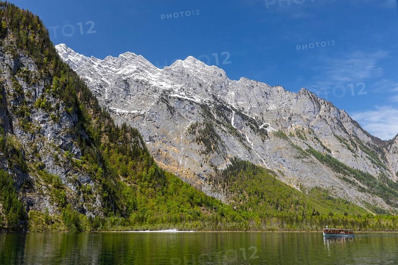 Passenger boat on the Königssee, Waltzmann group, mixed forest, rock, mountain, Berchtesgadner Land, Bavaria, Germany, Europe