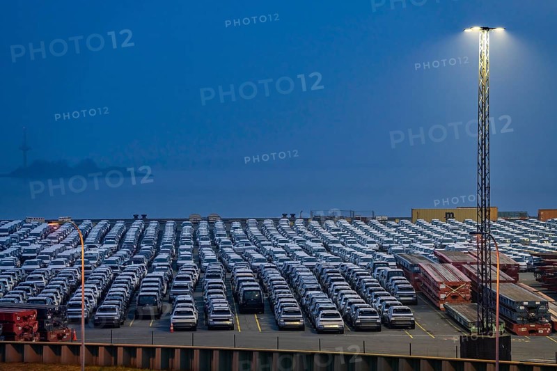 Parking space for import vehicles, hundreds of Hyundai Ioniq, electric cars, waiting for onward transport, at the EUROGATE container terminal in the overseas harbour of Bremerhaven, Lower Saxony, Germany, Europe