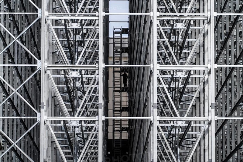 Construction of a high-bay warehouse, storage system for high space utilisation, in steel construction, North Rhine-Westphalia, Germany, Europe