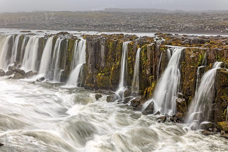 Waterfall at a river, cascades, spray, rapids, summer, foggy, Selfoss, North Iceland, Iceland, Europe