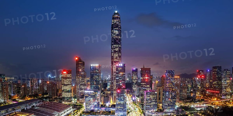 Shenzhen skyline with skyscrapers city centre downtown panorama at night in Shenzhen, China, Asia