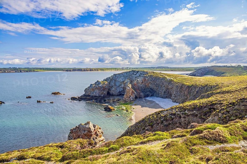 Scenics view at a rocky coastline with sea bays on the french west coast from a heath a sunny summer day, Lostmarc'h, Crozon peninsula, Bretagne, France, Europe