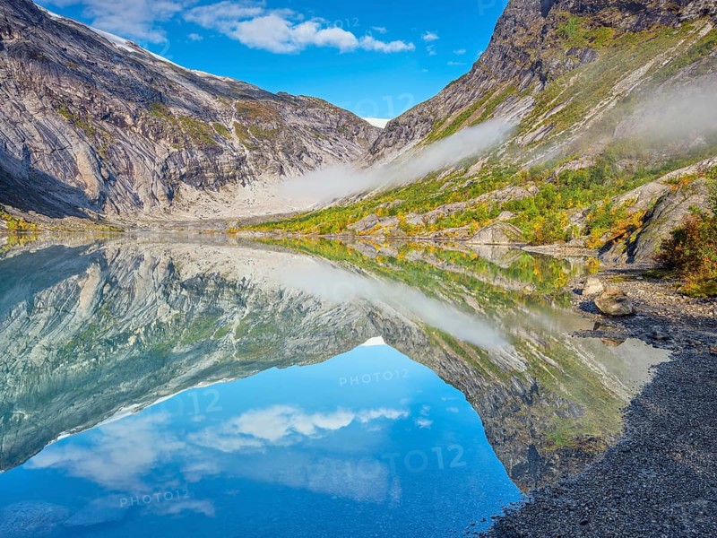 Morning light at Nigardsbrevatnet, lake at the glacier tongue Nigardsbreen, Jostedalsbreen, autumn, Gaupne, Norway, Europe