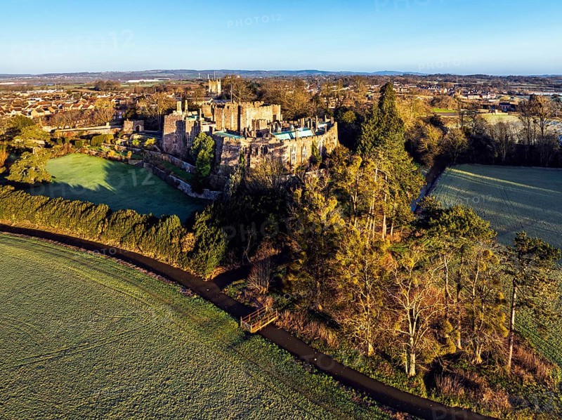 Berkeley Castle from a drone, Berkeley, Cotswolds, Gloucestershire, England, United Kingdom, Europe